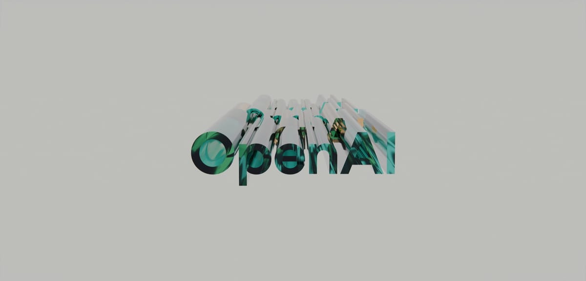 OpenAI Logo auf abstraktem Hintergrund mit grünen und weißen zylindrischen Buchstaben