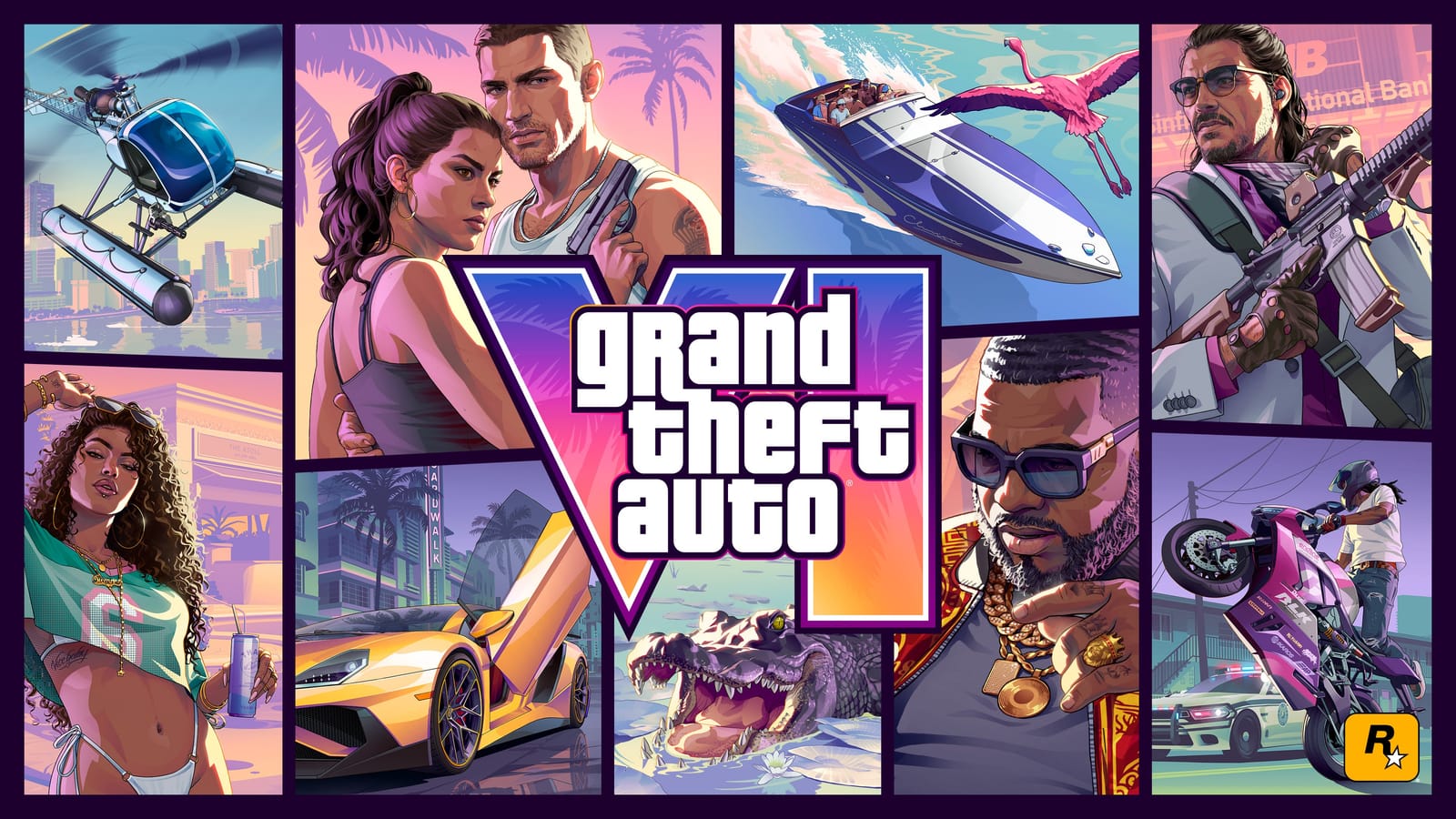 Offizielles Cover Art von Grand Theft Auto VI mit den Protagonisten Jason und Lucia vor der Kulisse von Vice City