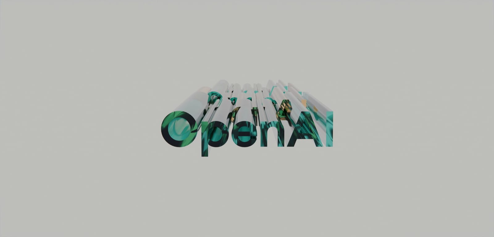 OpenAI Logo auf abstraktem Hintergrund mit grünen und weißen zylindrischen Buchstaben