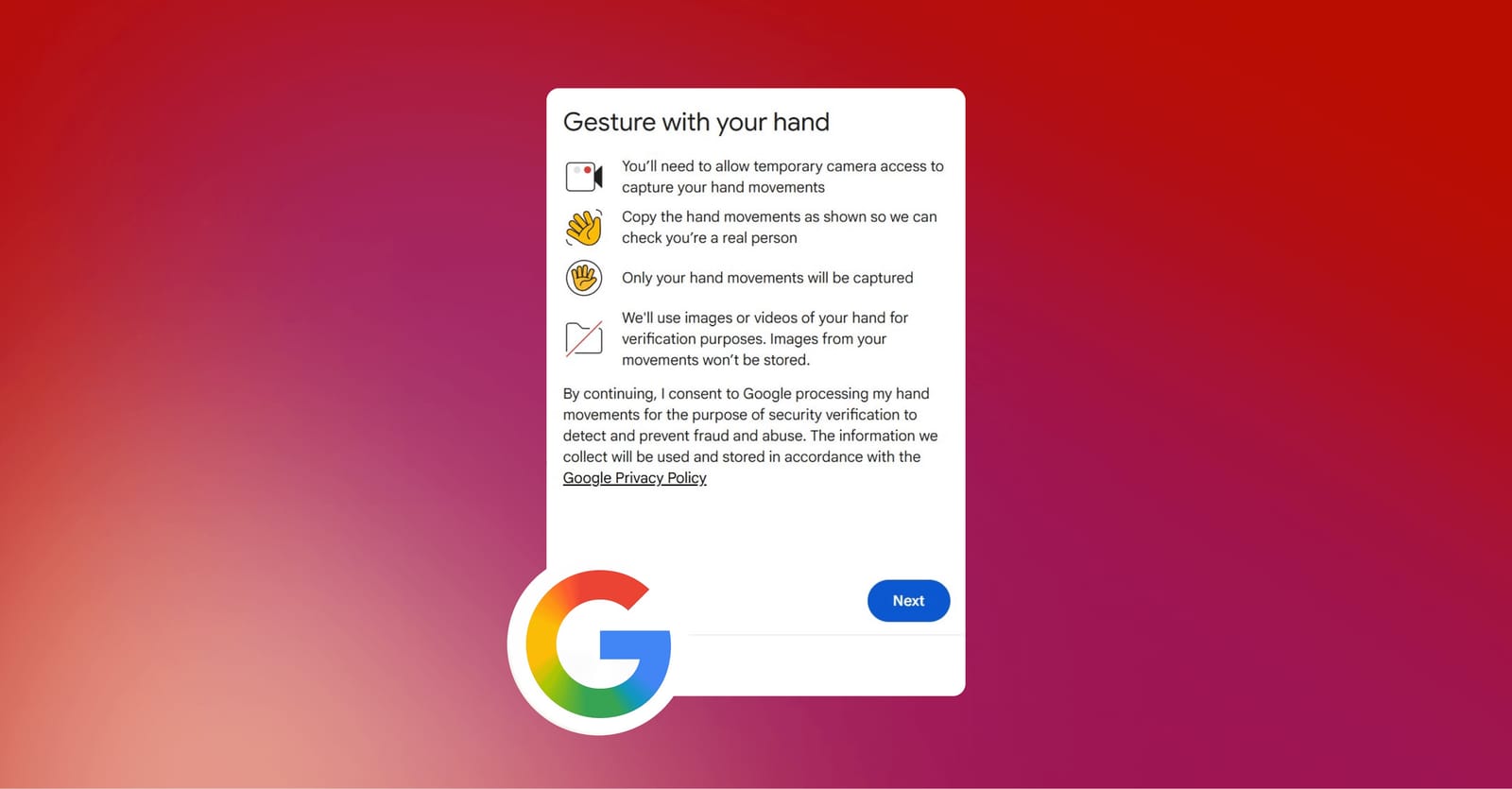 Illustration der Google reCAPTCHA Handgesten-Prüfung mit einer Hand vor einer Webcam