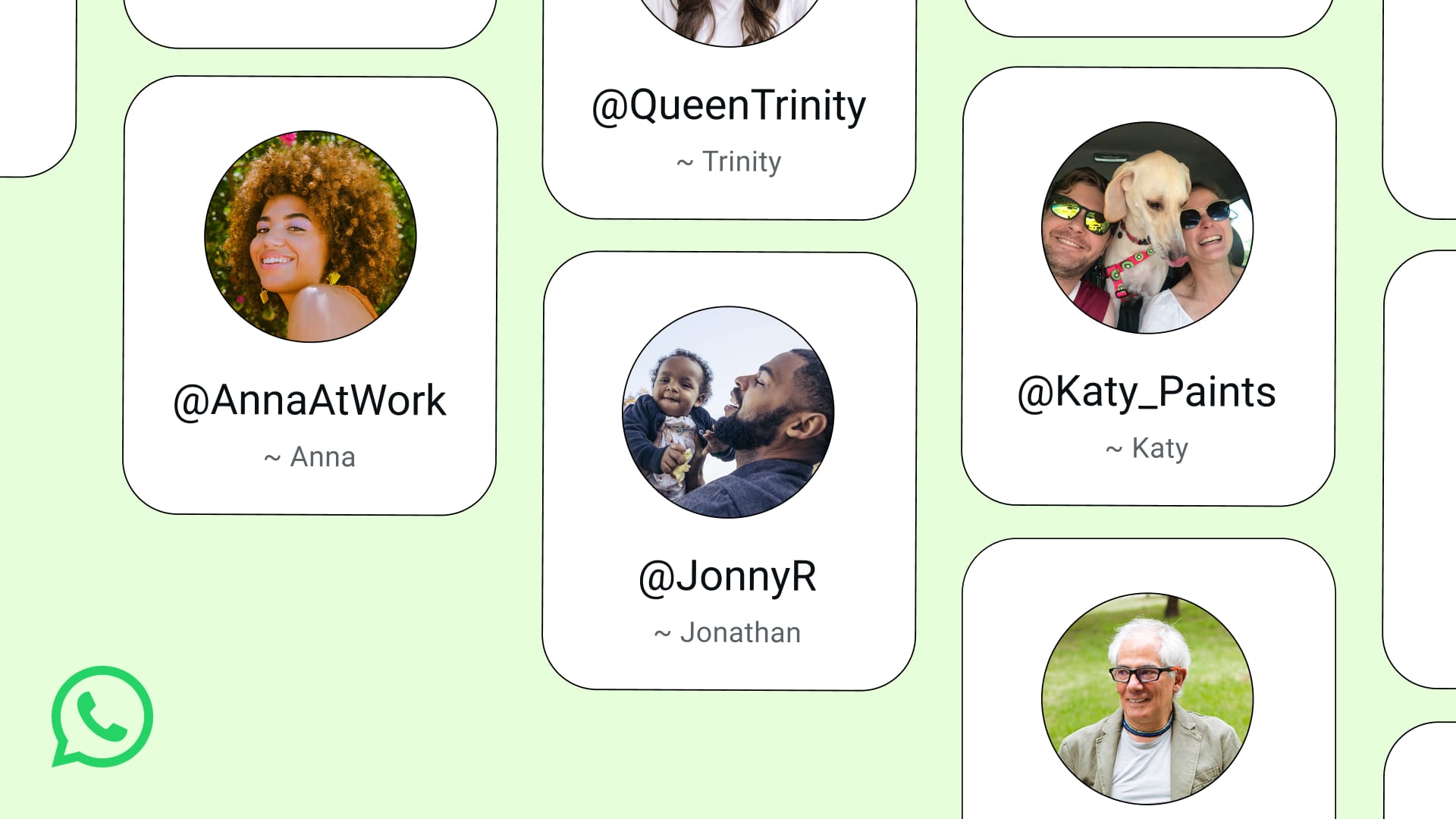 Collage von WhatsApp-Nutzern mit Usernamen auf ihren Smartphones