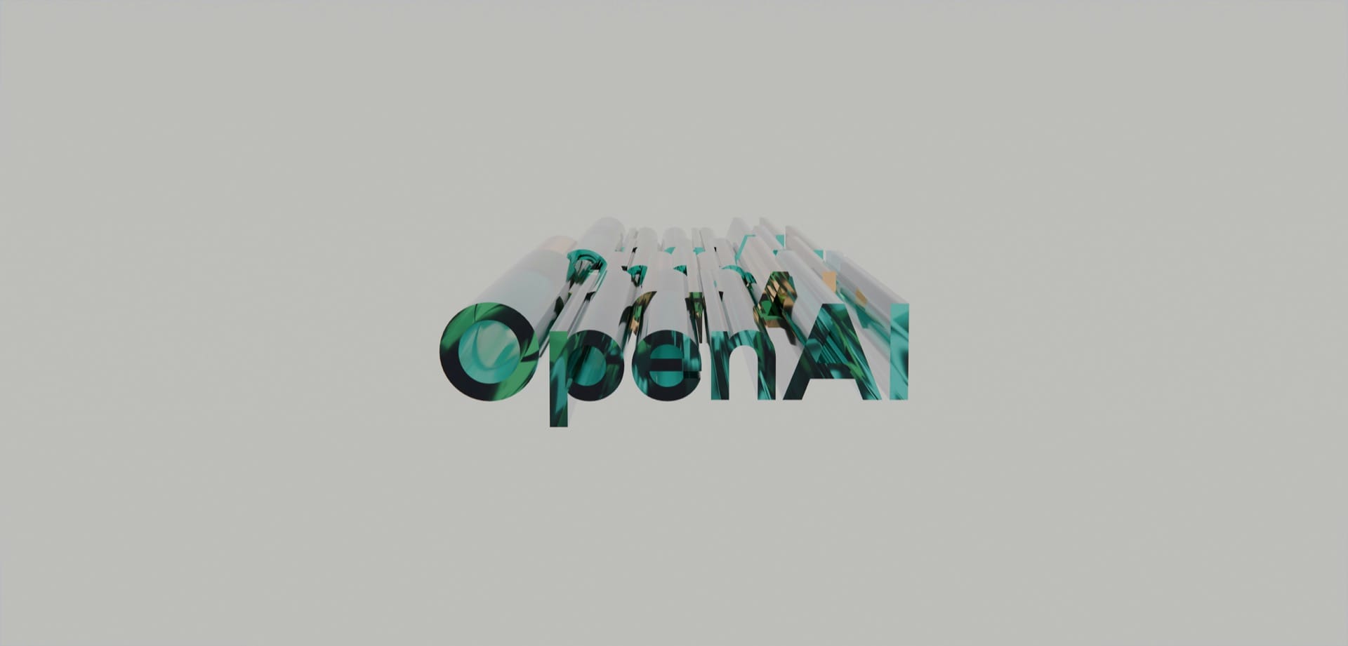 OpenAI Logo auf abstraktem Hintergrund mit grünen und weißen zylindrischen Buchstaben