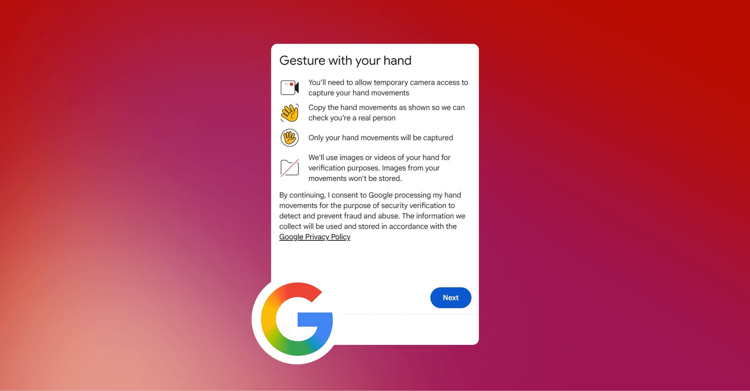 Illustration der Google reCAPTCHA Handgesten-Prüfung mit einer Hand vor einer Webcam