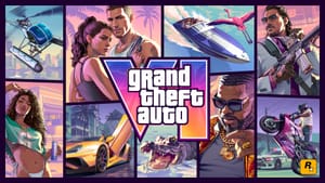 Offizielles Cover Art von Grand Theft Auto VI mit den Protagonisten Jason und Lucia vor der Kulisse von Vice City